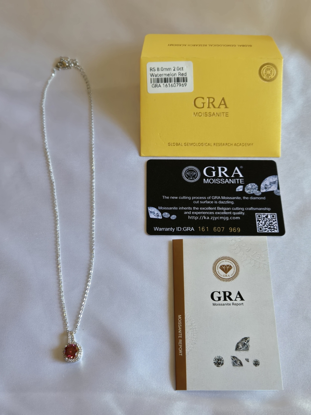 Moissanite 2 Carat Watermelon Red Halo Pendant Necklace in Silver Tone - Picture 7 of 11